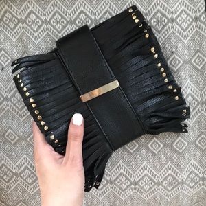 Black and silver fringe clutch